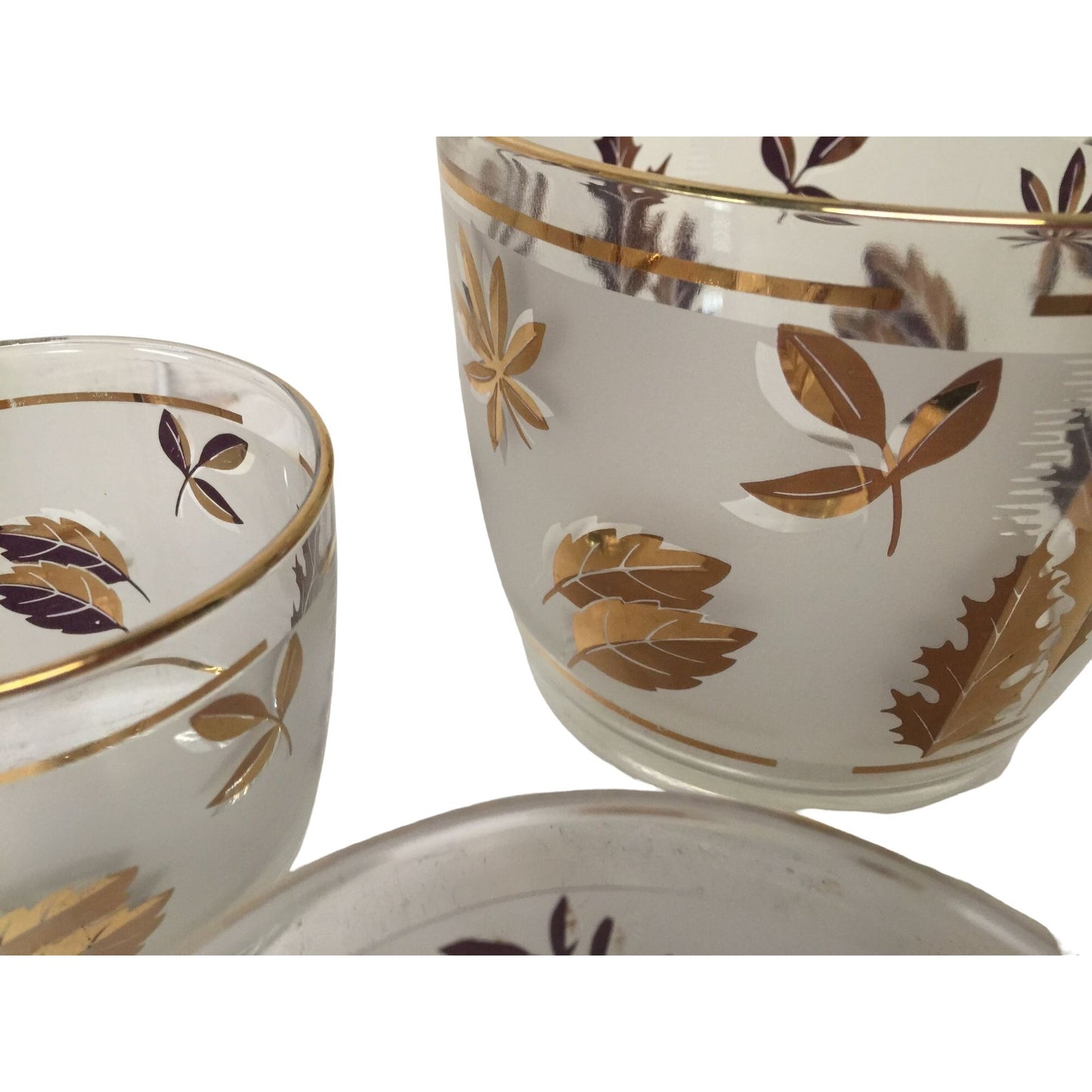 Vintage Cocktail Set 2 Icebuckets, Tumblers & Shot or fruit cups - 10 pieces all together frosted glass with leaves