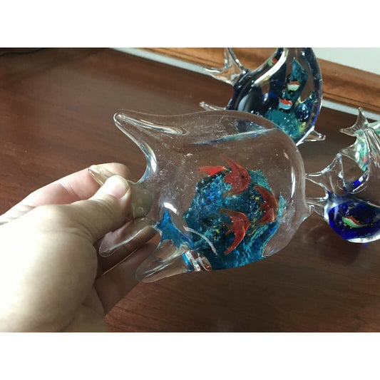 ART GLASS CLEAR Colorful FISH Paperweight Set Of 4 Various Sizes