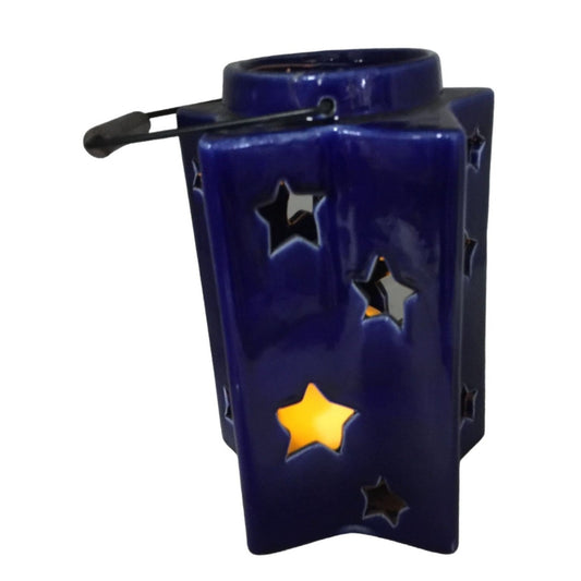 Cobalt Blue LED Candle Lantern 10" Tall with Star shaped body and Handle