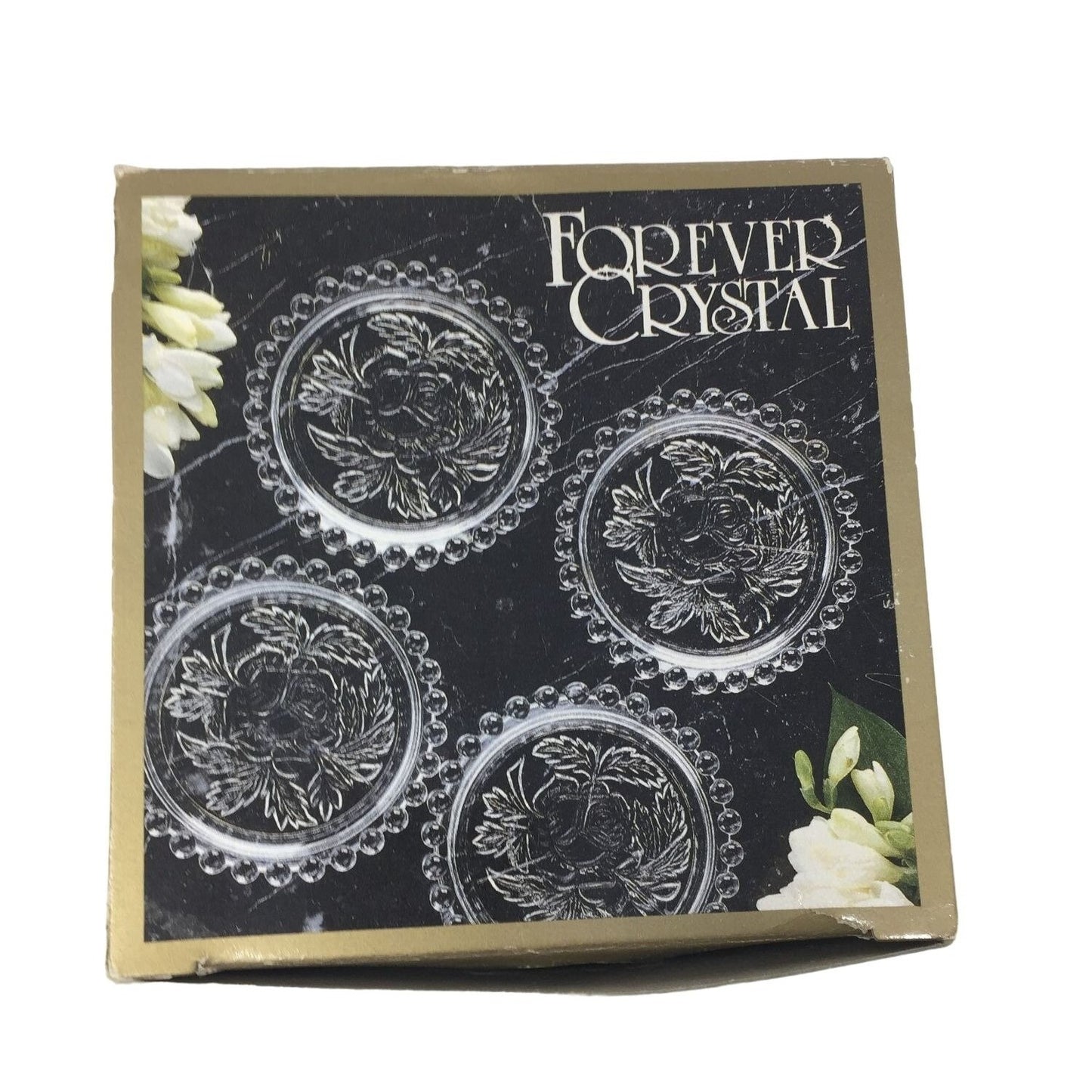 Forever Crystal Set of 4 Coasters in Original Box - Made in German Democratic Republic #326134 Rose and Foliage Pattern