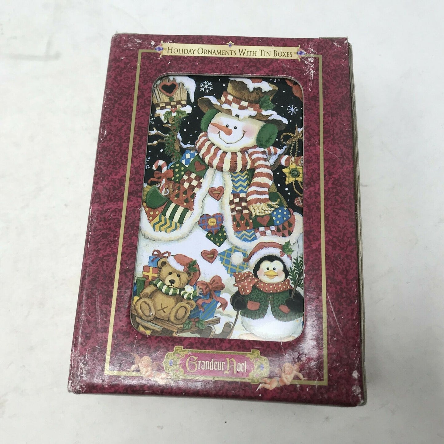 Grandeur Noel SNOWMAN Christmas TREE ORNAMENT w Decor TIN box