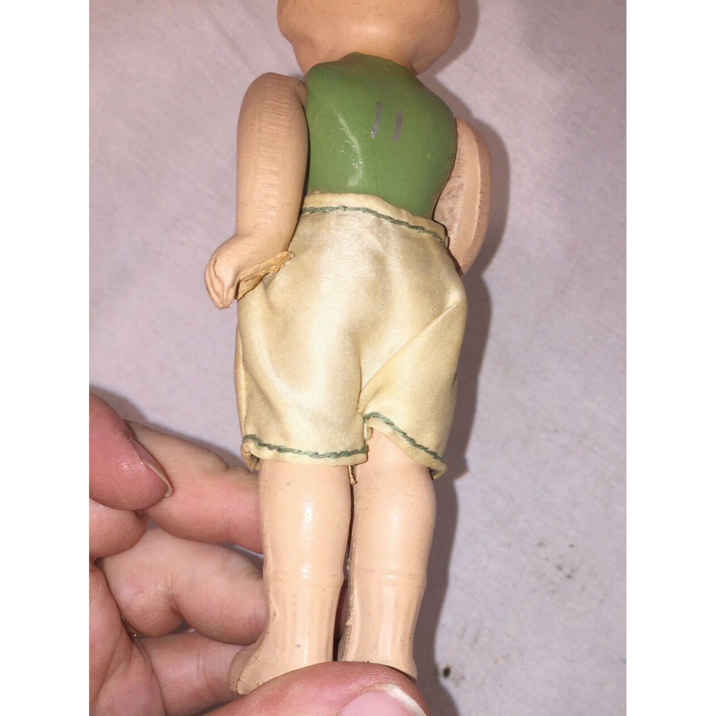 6" Antique BISQUE Doll w Pursed Lips Green Body Satin Shorts Cute