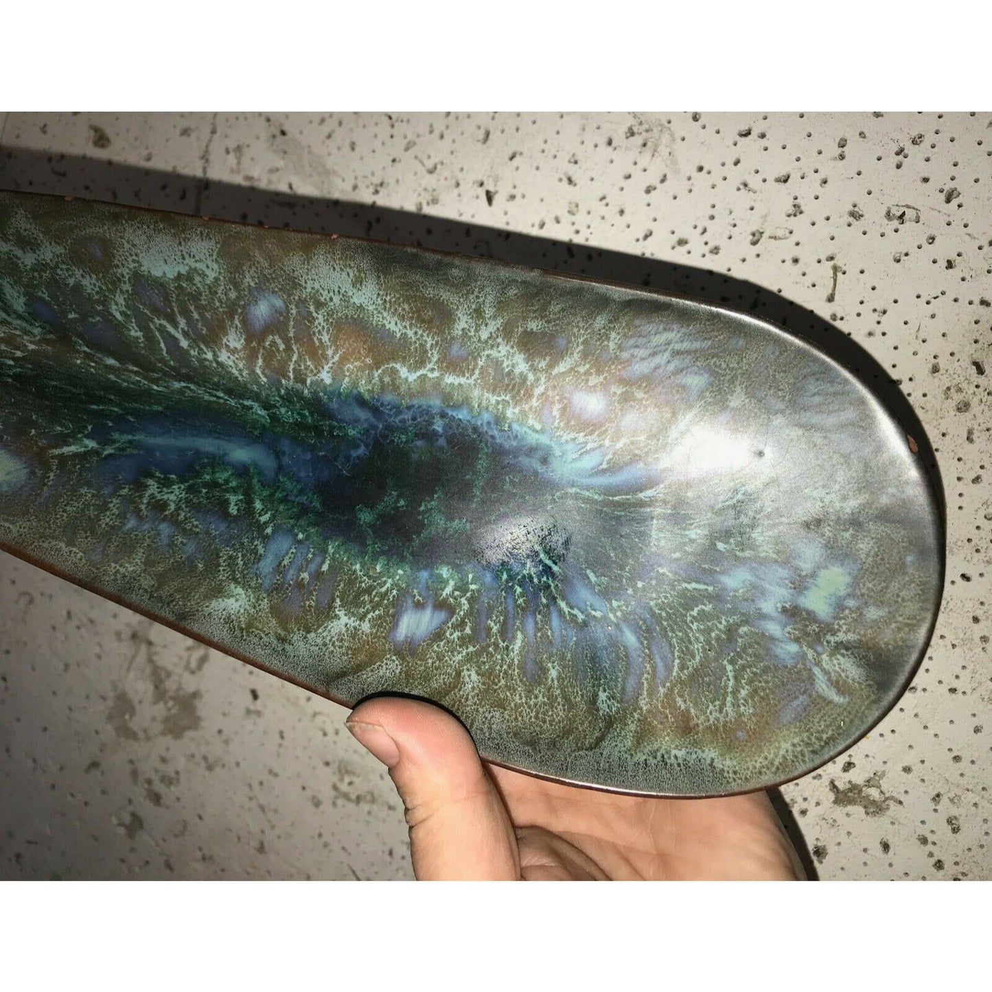 Elongated Art Pottery TRAY Clay w PEACOCK Feather Pattern on Top