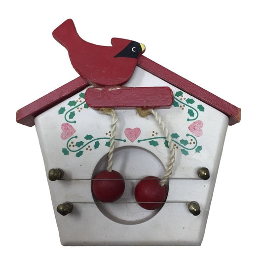 Cardinal on Birdhouse Bird Harp Hearts and leaves with ballas and wire - Refrigerator Magnet