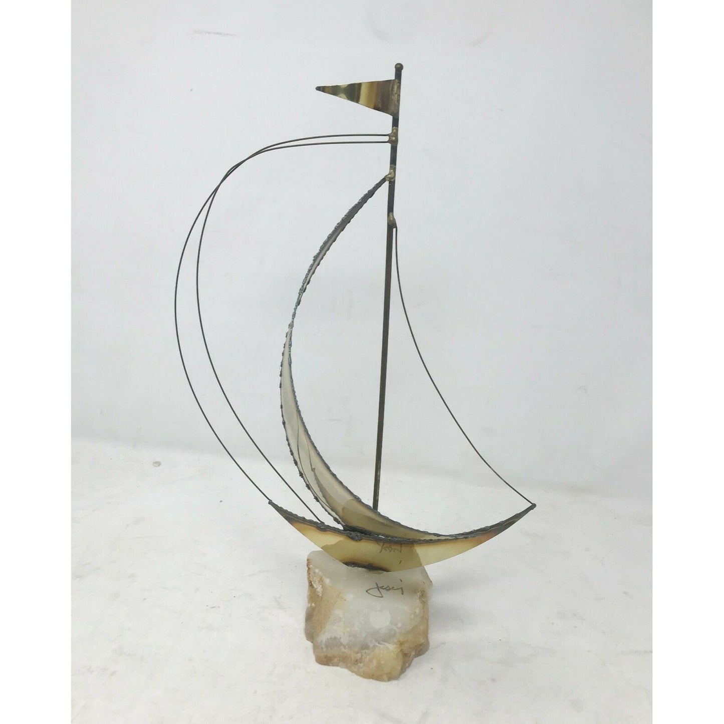 Mid-Century MODERN Brass SAILBOAT Sculpture QUARTZ Base SIGNED