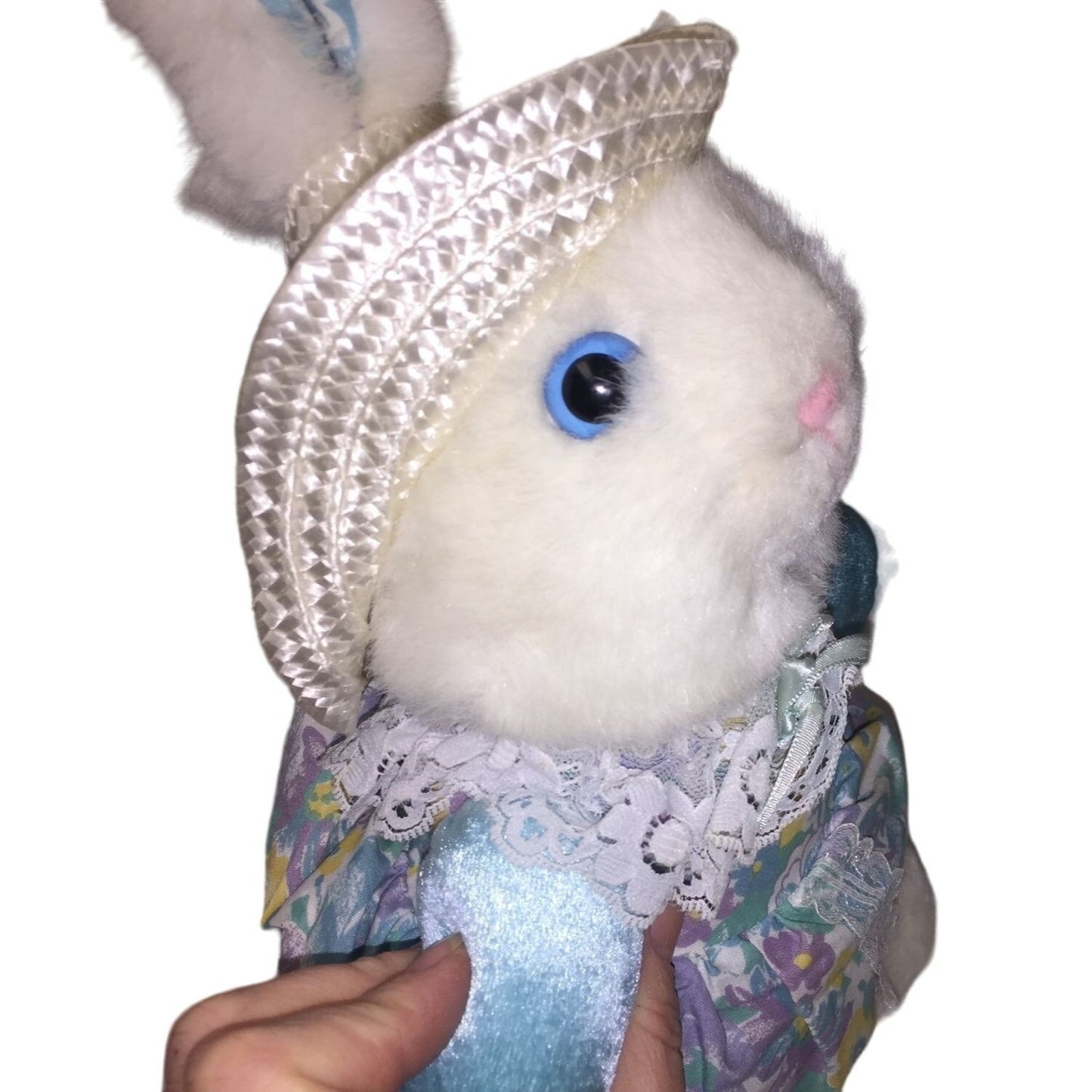 Sweet Smiling White Easter Bunny Rabbit Plush with Straw Hat and Blue, Purple Yellow Floral Print Dress and Accents