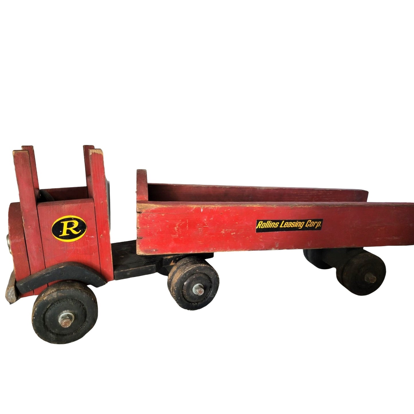 Antique Red Wooden Truck Toy with Rollins Leasing Co. Logo - Vintage Truck and Trailer