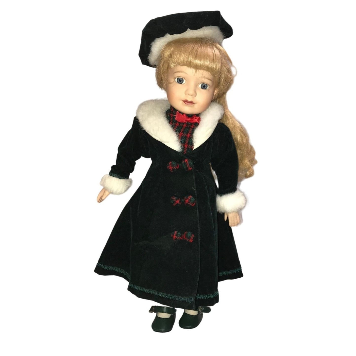 Holidays Porcelain Doll - Blonde Girl in long green jacket with red accents and white fur collar - Winter themed collectible doll