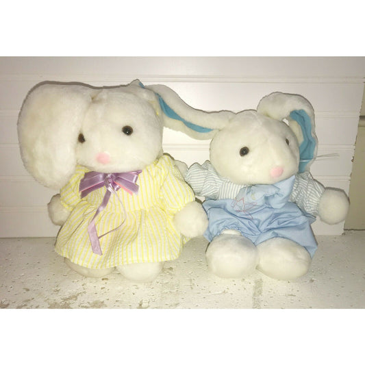 EASTER BUNNY Plush Pair (boy and girl) 11" Dressed Rabbits w Bows