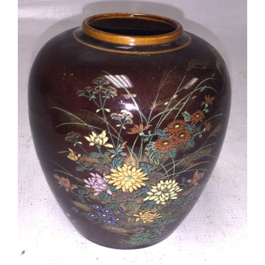 Japanese Brown Jar with pretty floral design handpainted on - metallic looking and colored paint on shiny brown finish