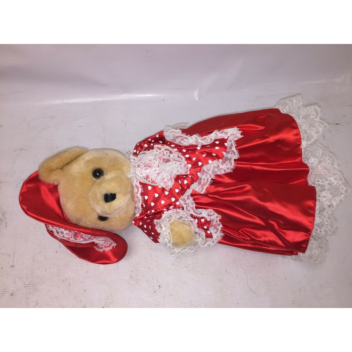 Jointed TEDDY BEAR in Red Satin Gown and Hat (Valentines or Xmas)