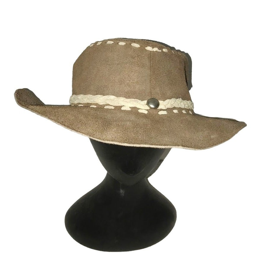 Suede Cowboy or Adventurer Hat - Light brown/tan and beige - Large suede strip seams and braided suede band. Unsure of size