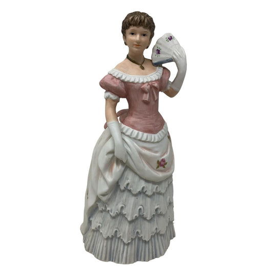 Victorian Woman with Fan "Shall We Dance?" Brown Hair with Pink and White Dress 8" Tall