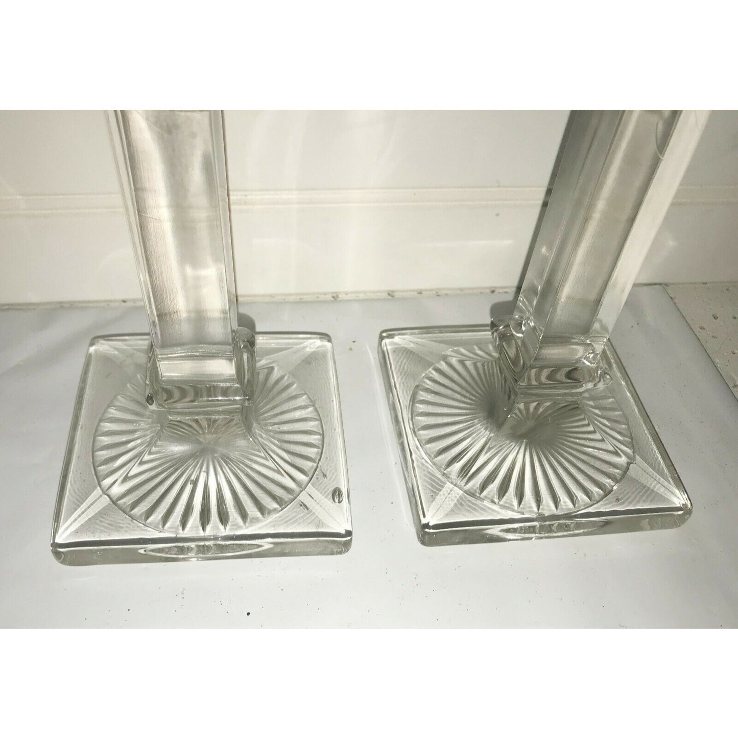 Pair of Column Style Clear GLASS CANDLESTICK HOLDERS Burst Design