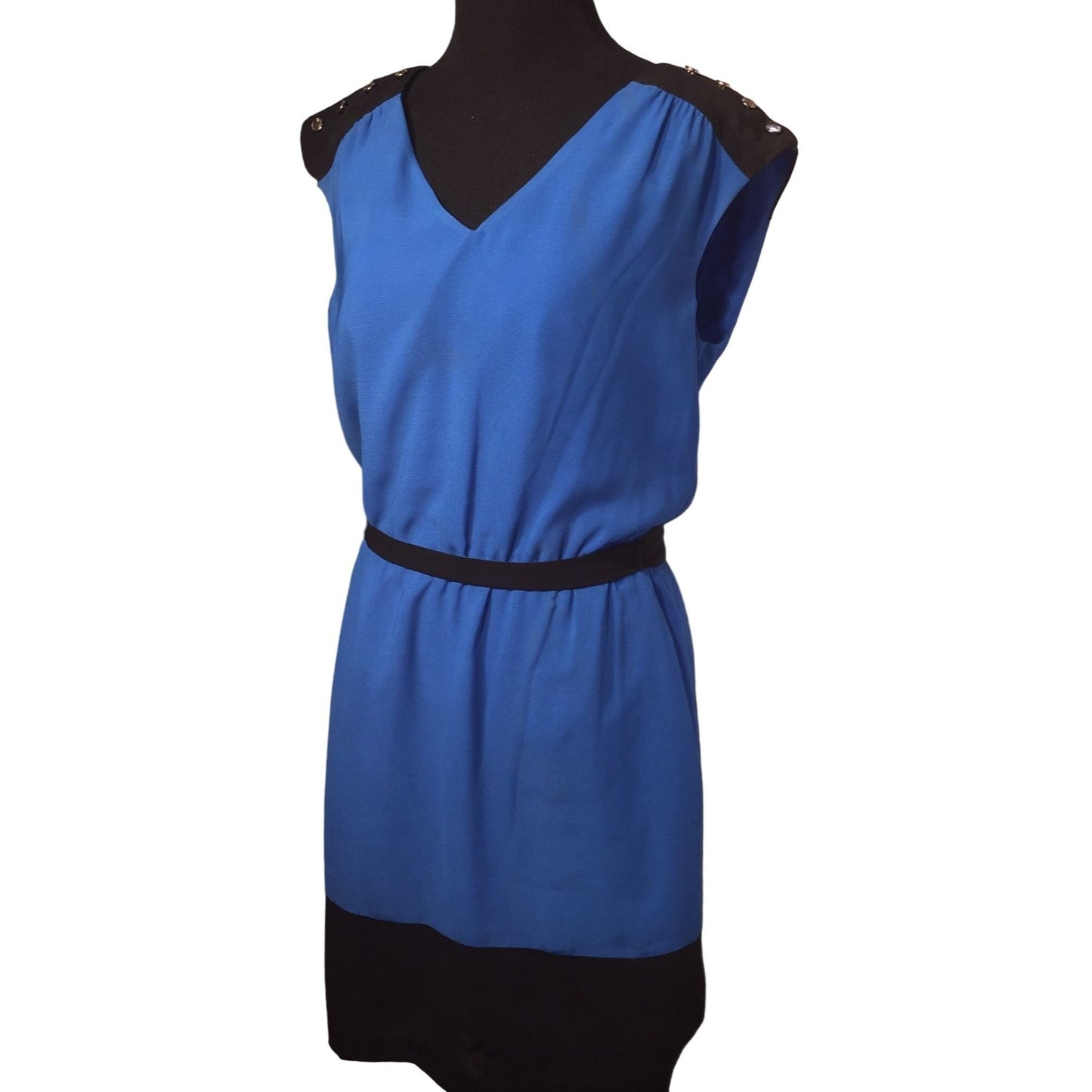 Vintage GUESS Dress - Blue with Black Shoulders, Belt and Block at bottom Size 8