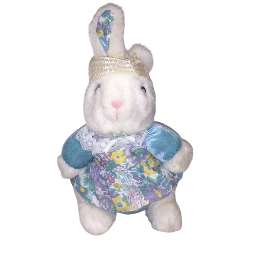 Sweet Smiling White Easter Bunny Rabbit Plush with Straw Hat and Blue, Purple Yellow Floral Print Dress and Accents