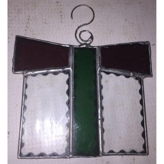 Pretty Textured Stained Glass Christmas Present Ornament or Sun catcher - Clear texture with Green and Red 'Ribbons'