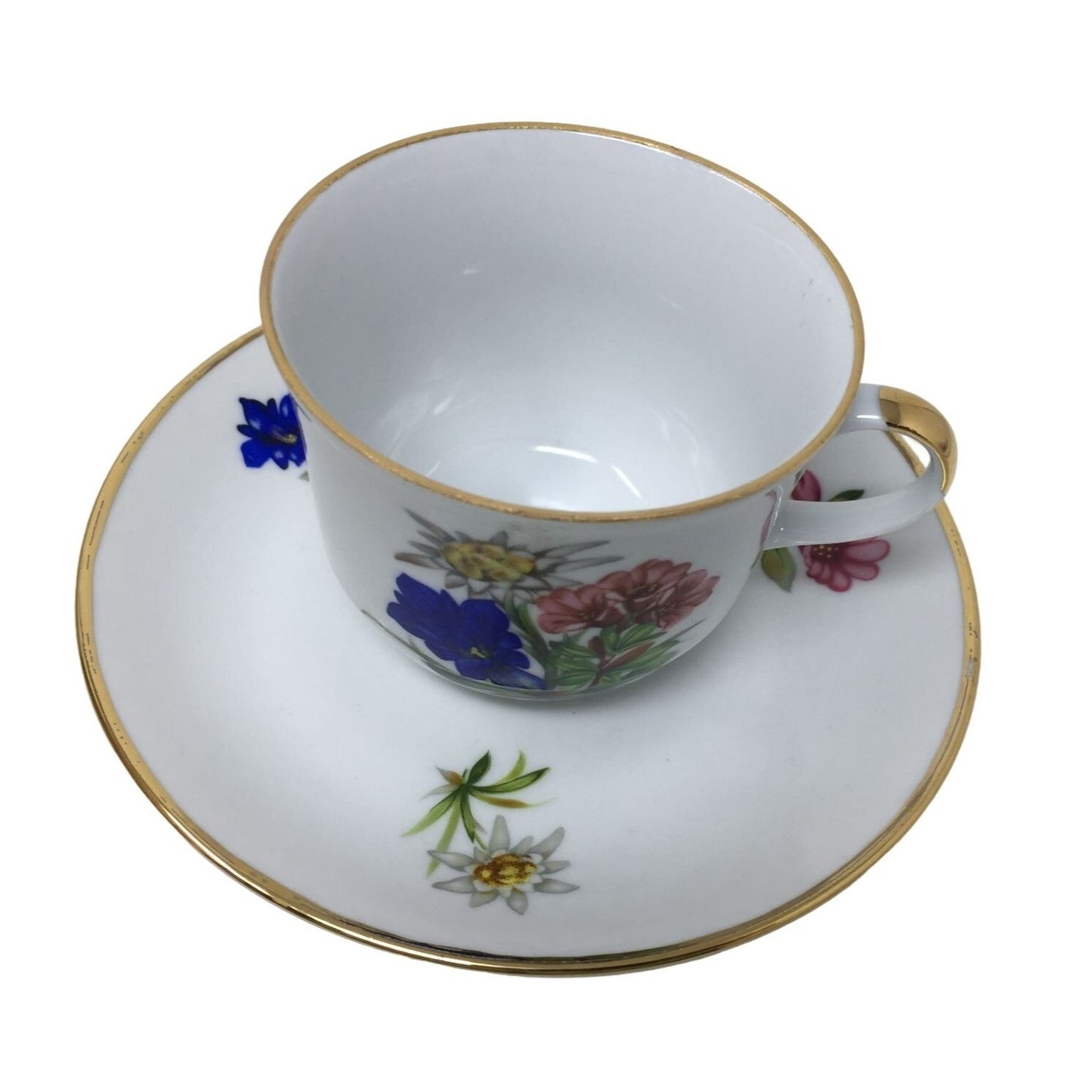 Stamped Fine China TEacup and Saucer Set - White, Pink and Purple Flowers w Gold Rim