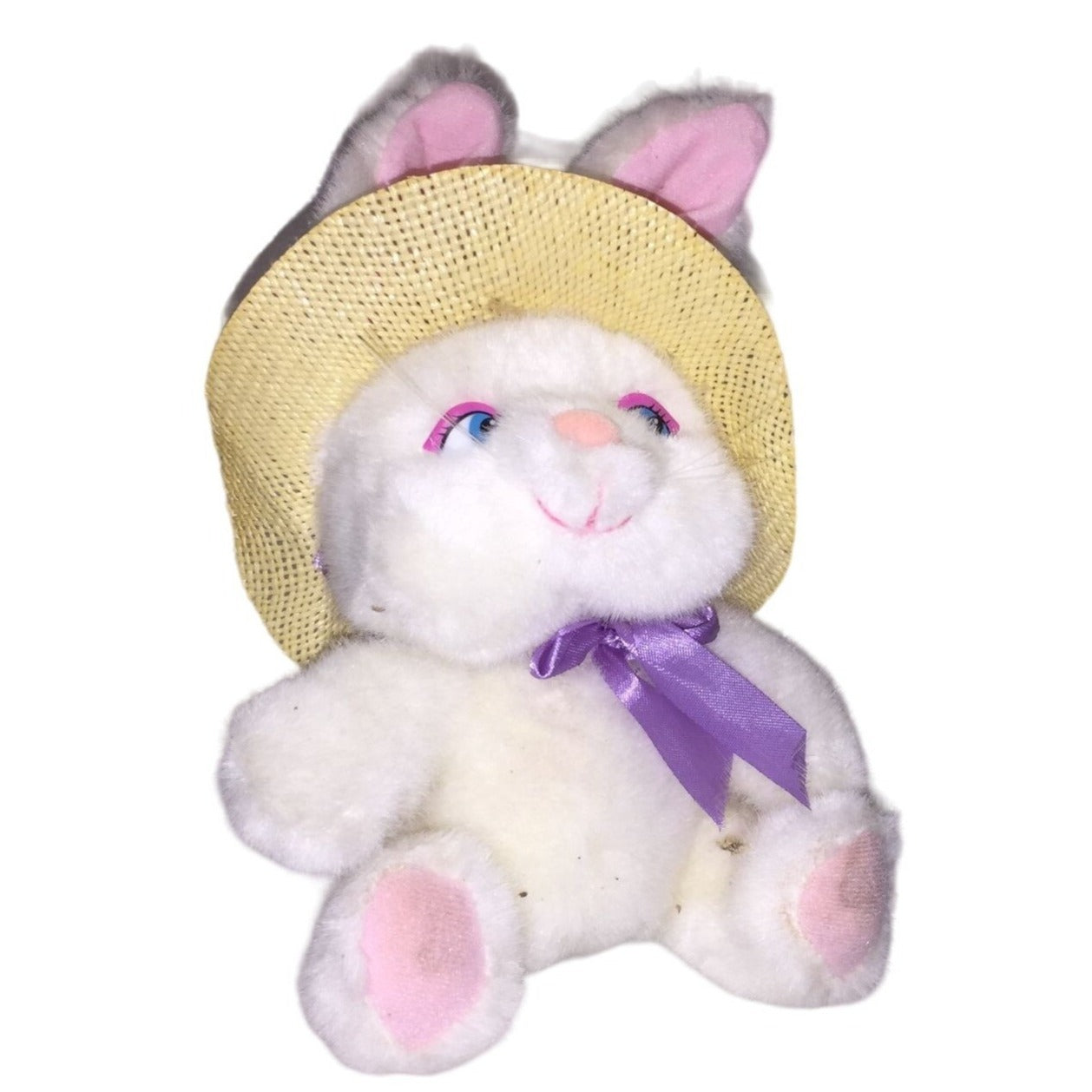 LILY - Plush White Rabbit with Straw Hat, Purple Bow and Pink Above Eyes -  Easter Bunny