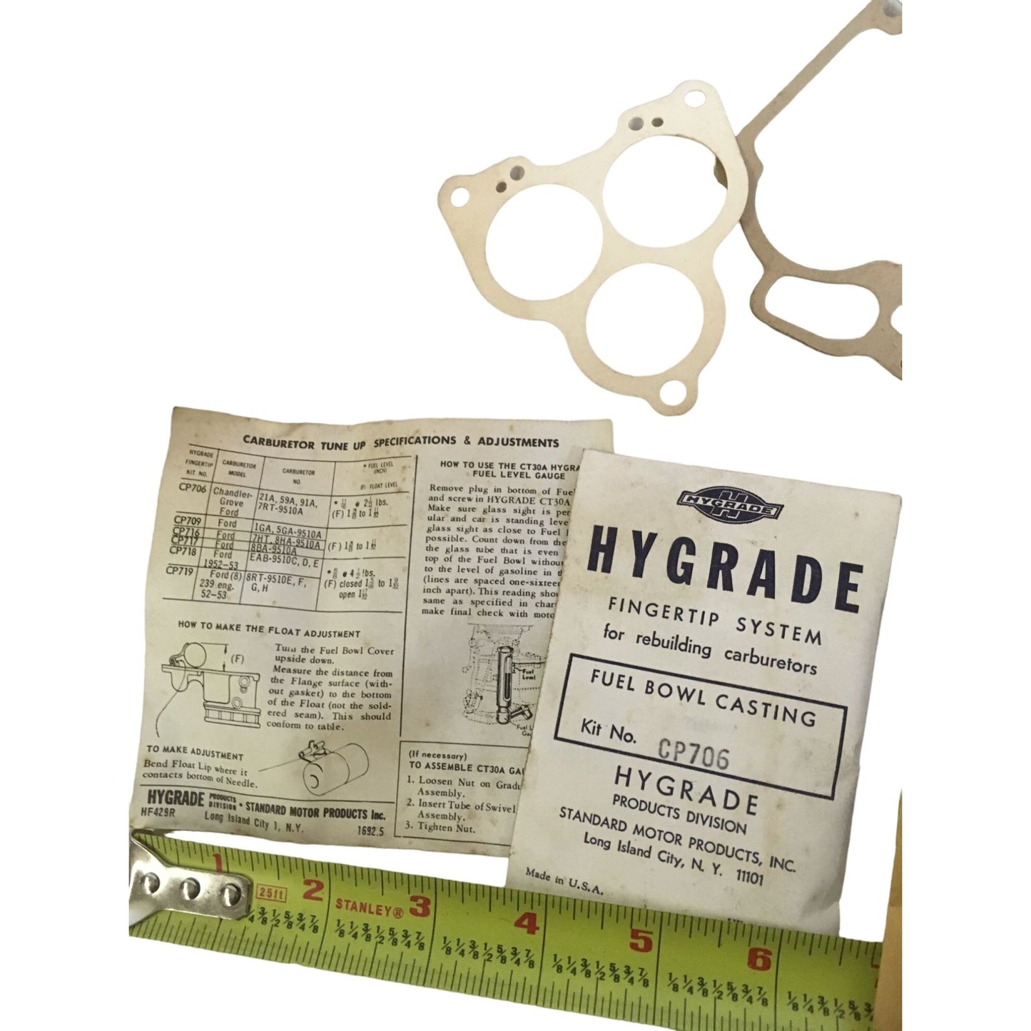 Vintage HYGRADE Carburetor Tune Up Parts Kit - in original box - all items shown included CP706 Fuel Bowl Casting CP705 Fuel Bowl Co