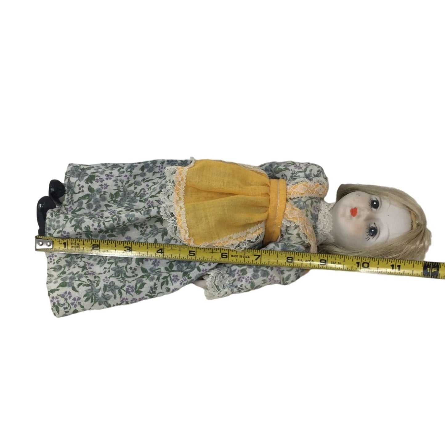 White porcelain Doll with Red Lips and Floral Print Dress with Yellow Apron - Porcelain Head, feet and Hands -