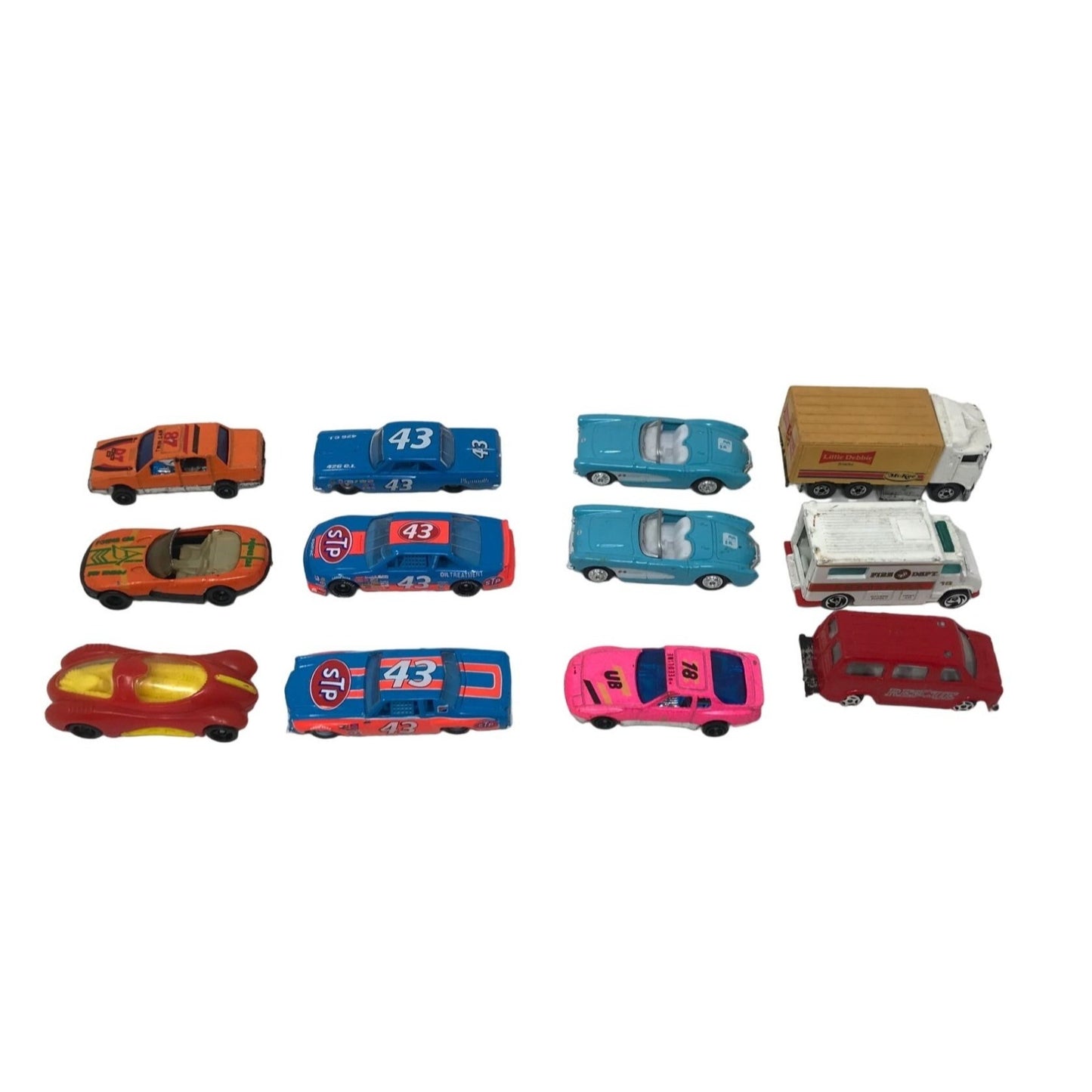 Vintage HOT WHEELS Cars (Most Diecast) STP #43, Orange Racer, FireTruck, Blue Bonneville, Little Debbie, Hot Pink #18