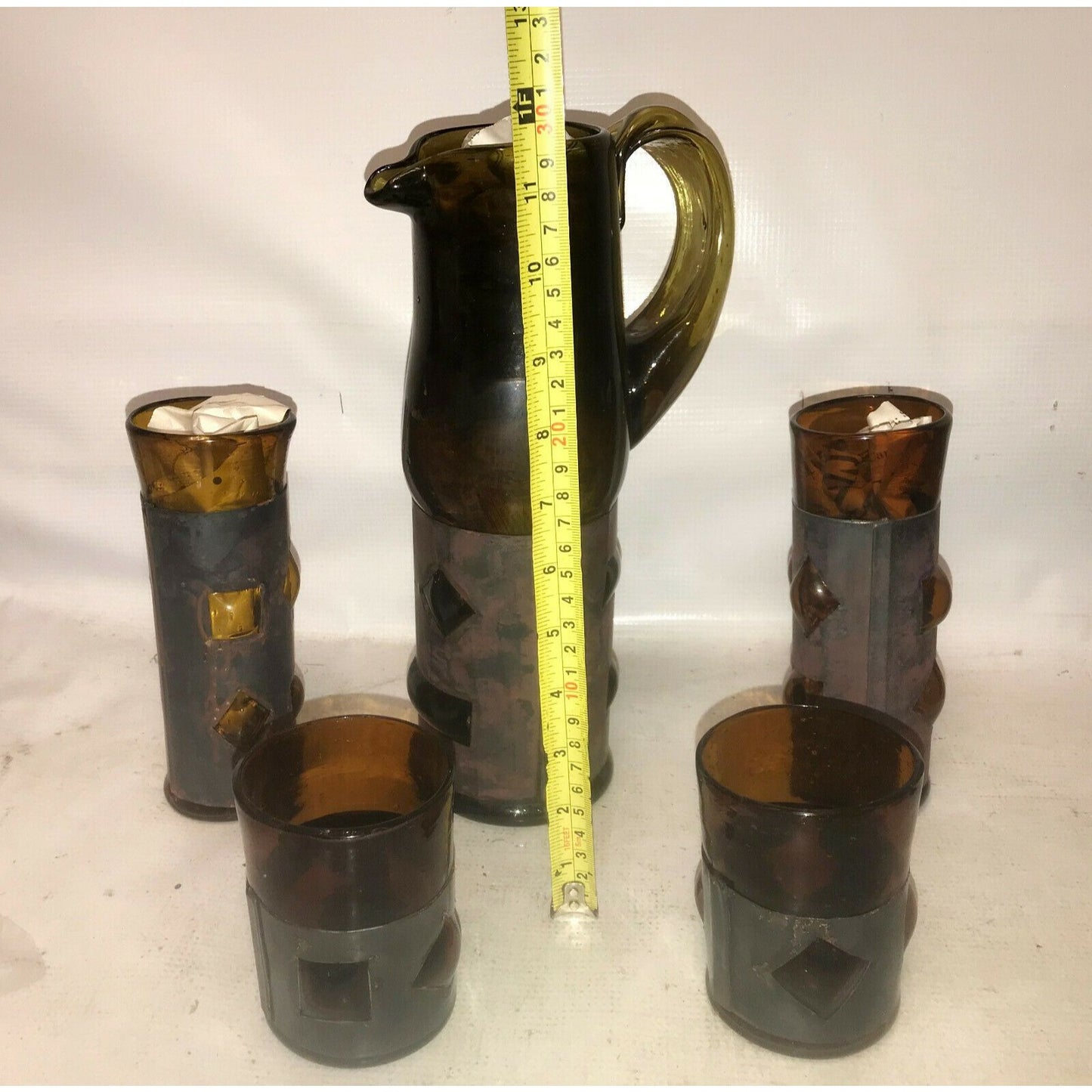 UNIQUE Amber CAGED GLASS Pitcher w Tumblers (20 & Glasses (2)