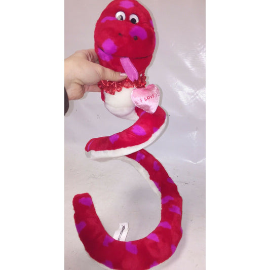 I LOVE YOU Red Valentines Day Red SNAKE Plush w Pink HEARTS Coiled