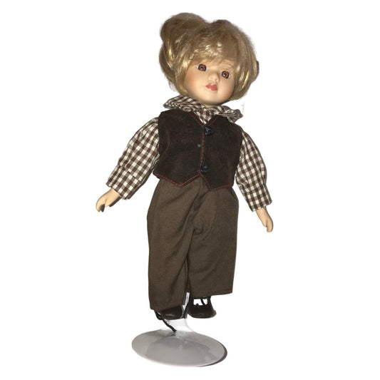 Unmarked porcelain doll - petite with short blonde hair, brown eyes - brown check shirt - brown vest , pants and shoes