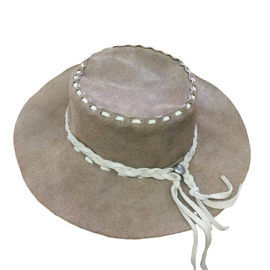 Suede Cowboy or Adventurer Hat - Light brown/tan and beige - Large suede strip seams and braided suede band. Unsure of size