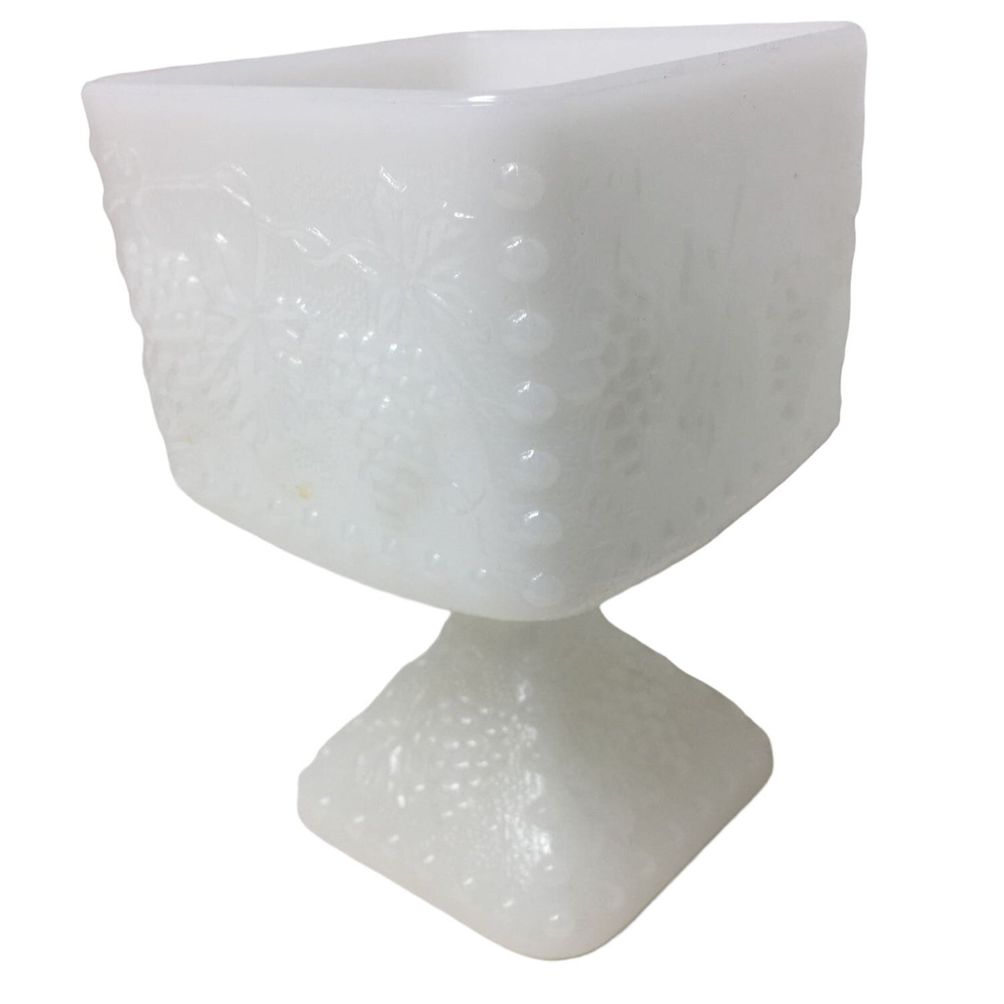 Pretty Milk Glass Cube Vase with Pedestal & Pretty Grape Pattern Design - Approx 3" square opening