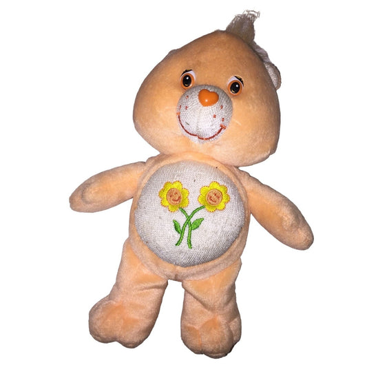 Care Bears Friendship Bear Plush - Orange Bear with 2 Yellow Flowers on Belly - Sweet Smile - Vintage Toy