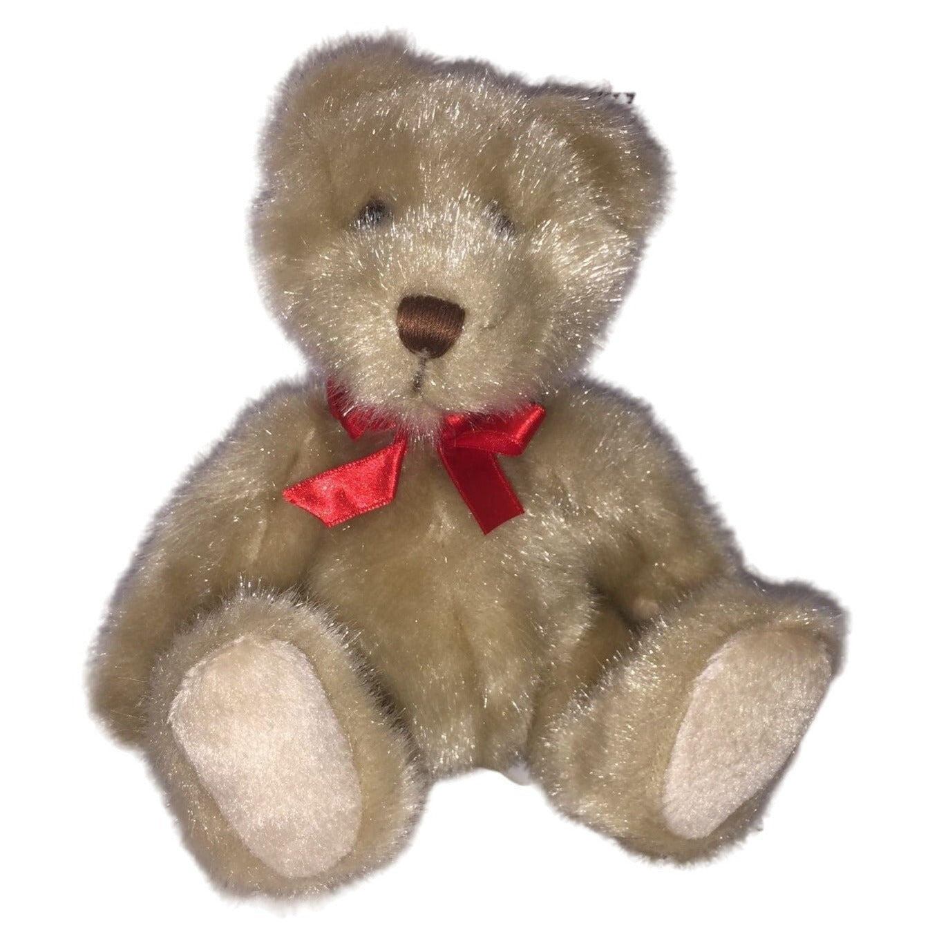 Vintage Tan Jointed Teddy Bear with Deep Red Ribbon. 7" Tall ( when sitting) - Would be a Great holder for a Holiday Gift!