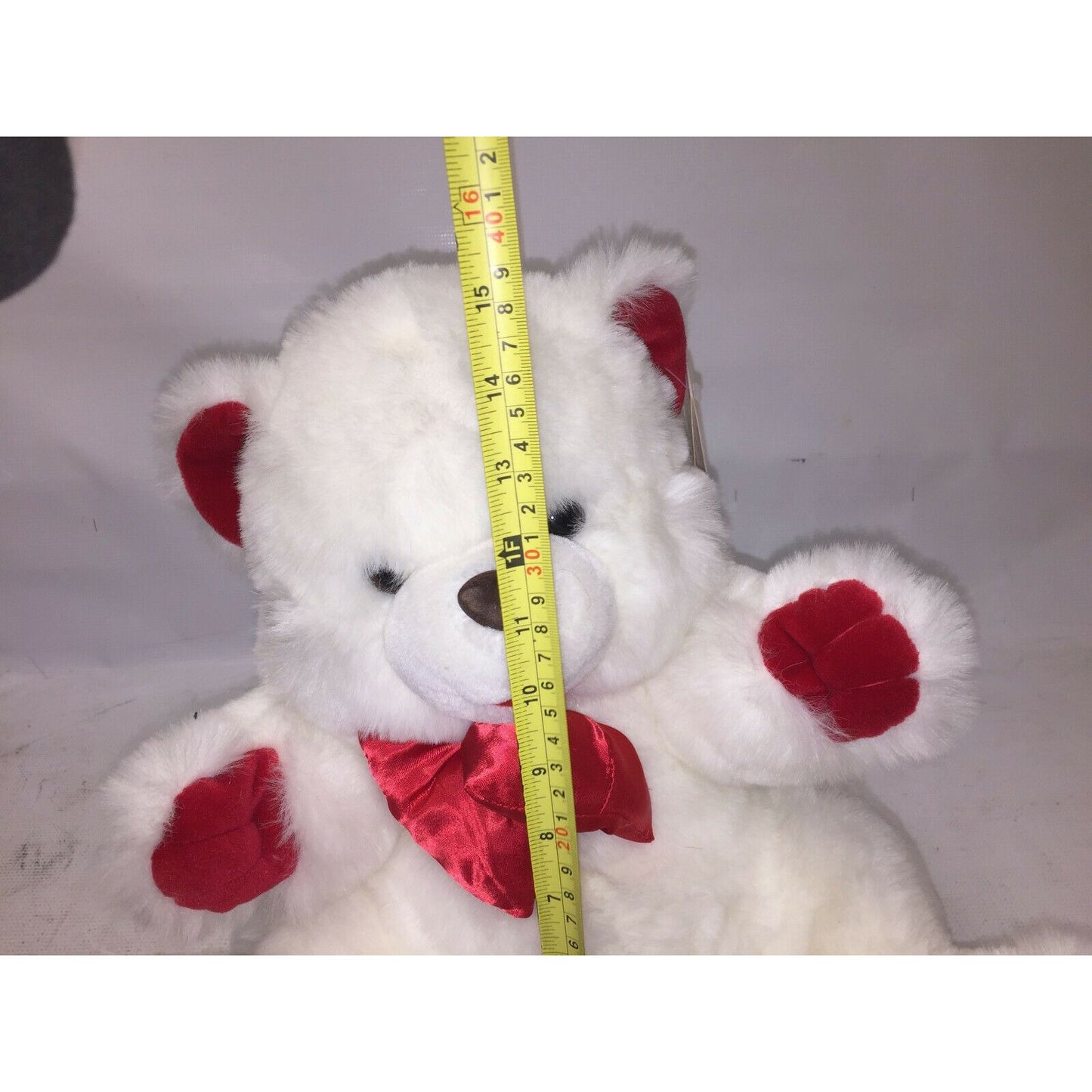 Fluffy White Stuffed VALENTINE'S DAY BEAR Plush RED Bow 16" Tall