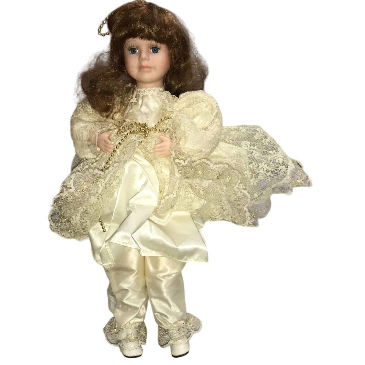 Animated Porcelain Doll - arms move in and out like leading music or clapping - very pretty face - ivory silk outfit w/ gold accents -