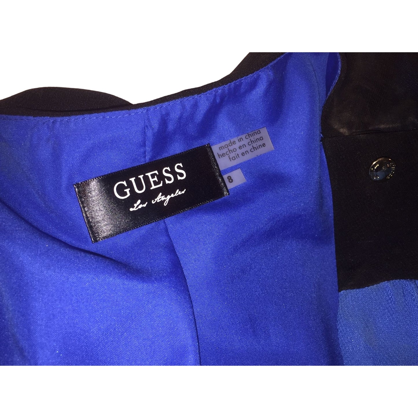 Vintage GUESS Dress - Blue with Black Shoulders, Belt and Block at bottom Size 8