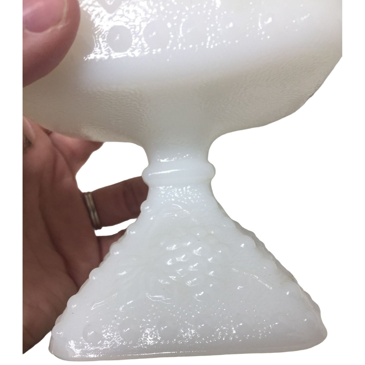 Pretty Milk Glass Cube Vase with Pedestal & Pretty Grape Pattern Design - Approx 3" square opening