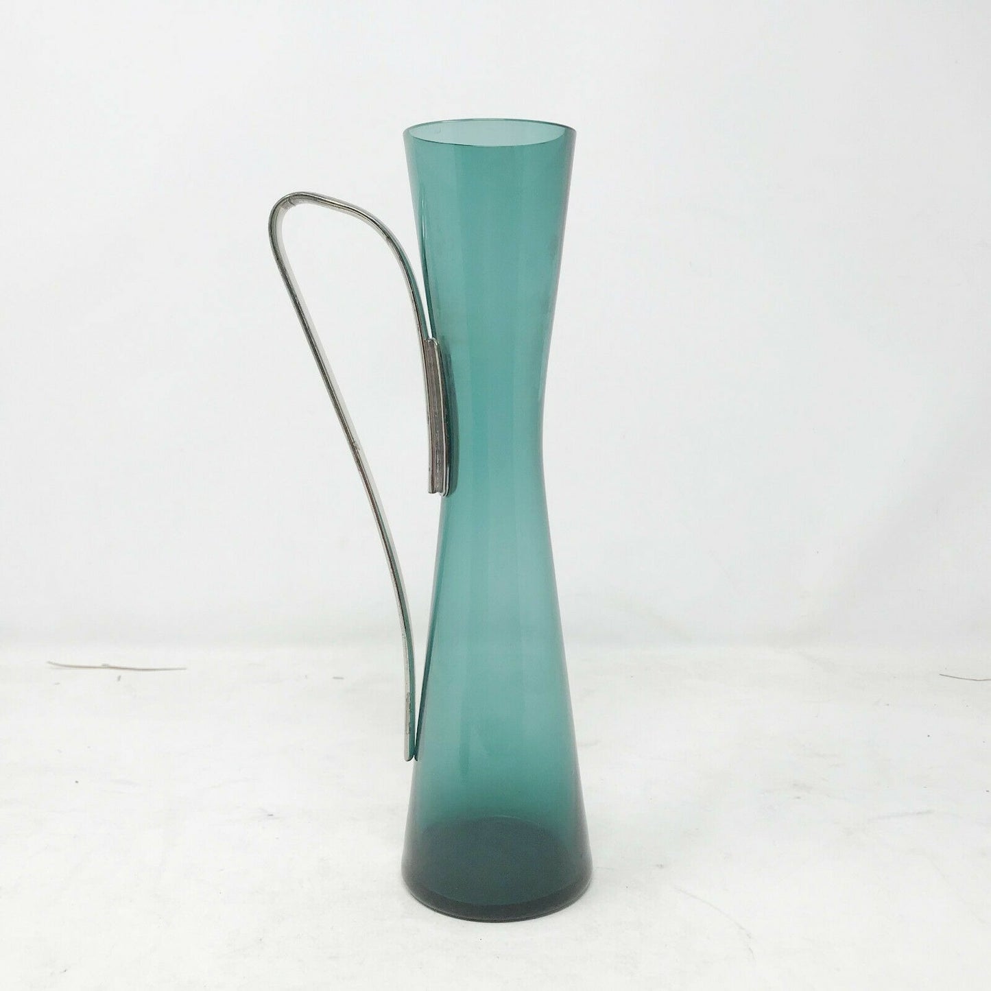 UNIQUE Greenish TEAL Glass PITCHER with Metal Handle Hourglass