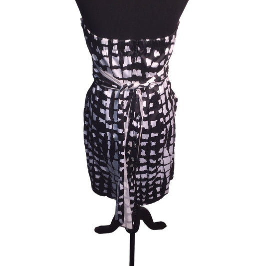 Vintage Strapless Dress with blocky black and white print and green piping - modern fun dress