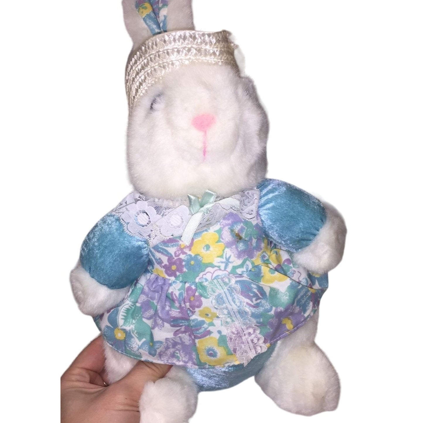 Sweet Smiling White Easter Bunny Rabbit Plush with Straw Hat and Blue, Purple Yellow Floral Print Dress and Accents