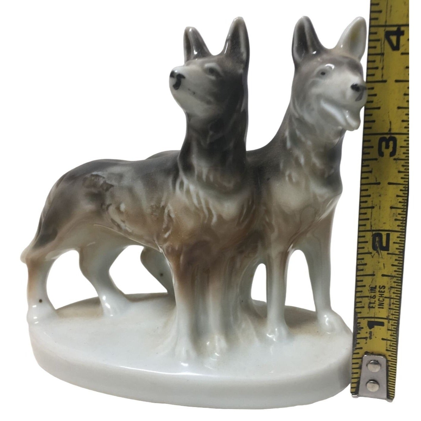 Vintage Porcelain Dog Figurine Made in Japan - 2 Grayish Brown Dogs on White Base