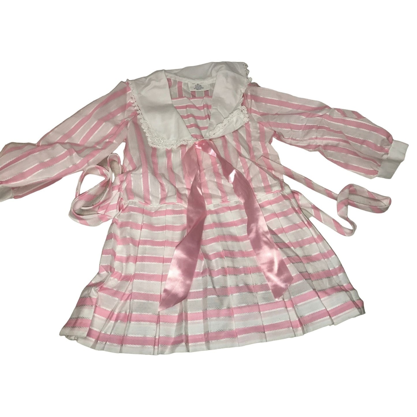 Vintage Girls Dress - Pink and White Stripe Pattern with Ribbon and wide Foldover Collar size 6T