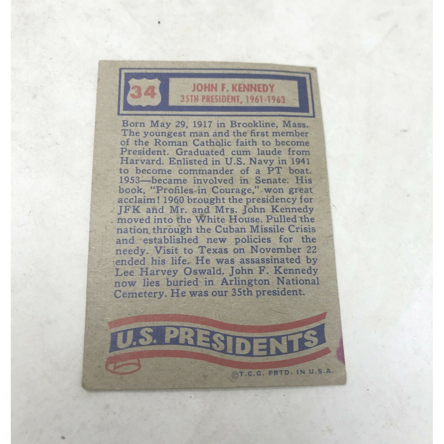 1972 Topps U.S Presidents JOHN F KENNEDY Trading Card  #34