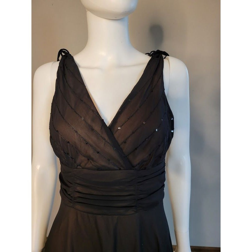 Connected Women's Black Cocktail Dress - Sheer black over nude bodice/ liner - Size 8 Petite - sequin accents on top half of dress Evening D