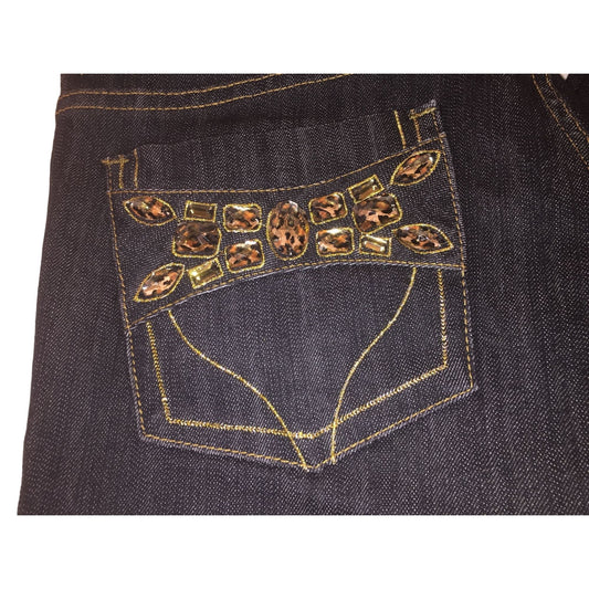 Boom Boom Jeans Womens size 11 Dark denim with Leopard print beads and gold accents - Vintage Blue Jeans