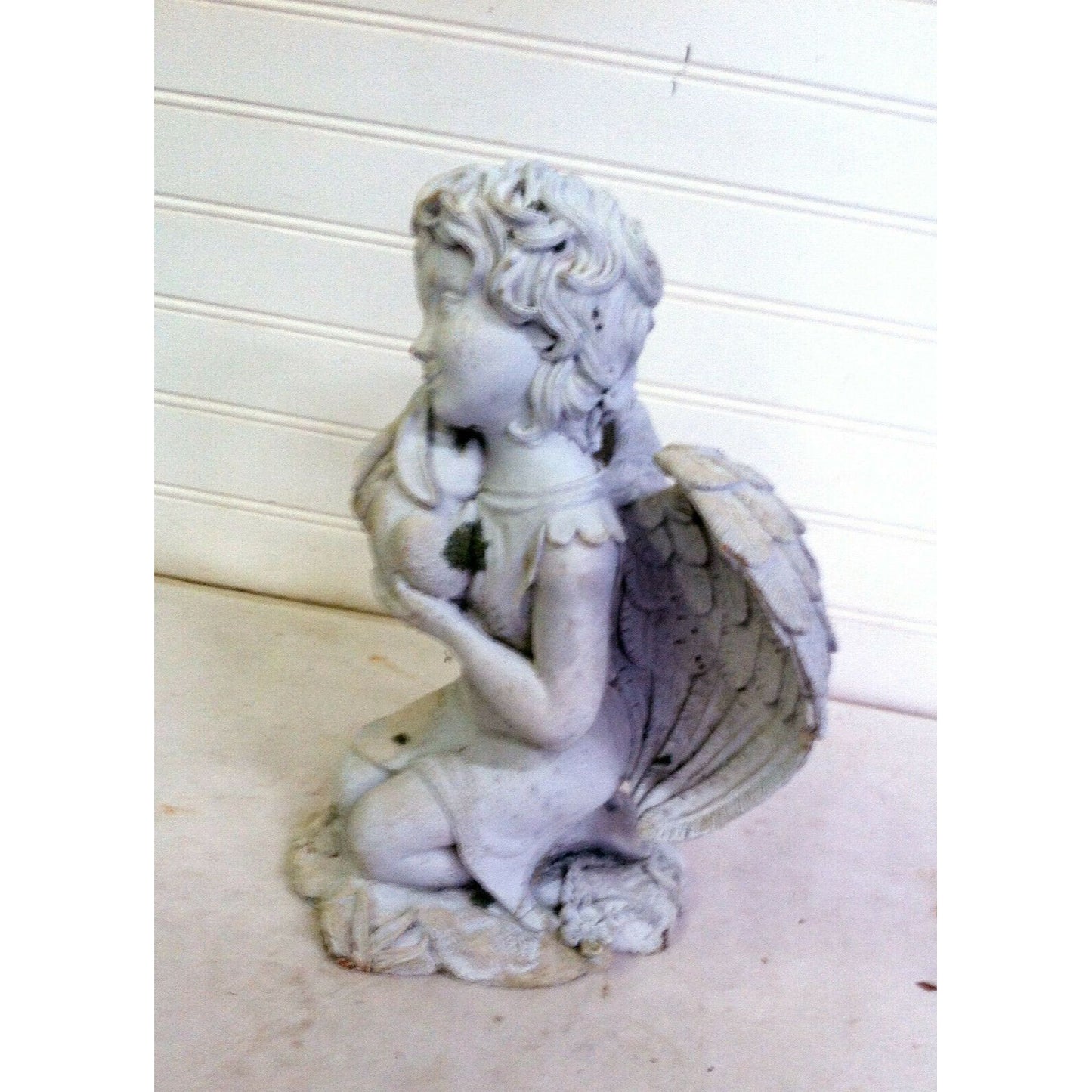 Smiling CHILD ANGEL Embracing Bunny GARDEN STATUE Lovely Details