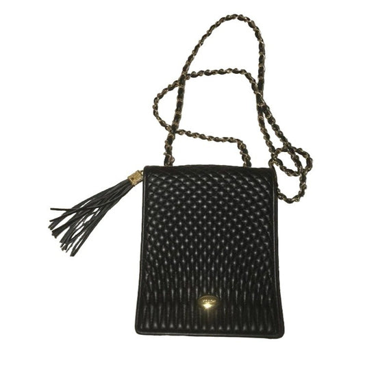 KOSHI - compact women's shoulder or crossbody bag - black textured purse with chain-looking strap - Black with brass hardware - tassels - Te