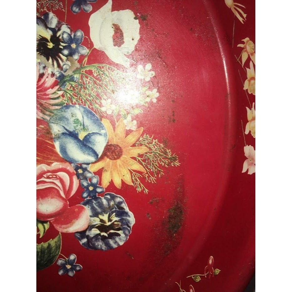 Red MASONWARE Round Tray with Floral Bouquet Art in center - Some spots of wear / rust (see photos) - Great Retro Find