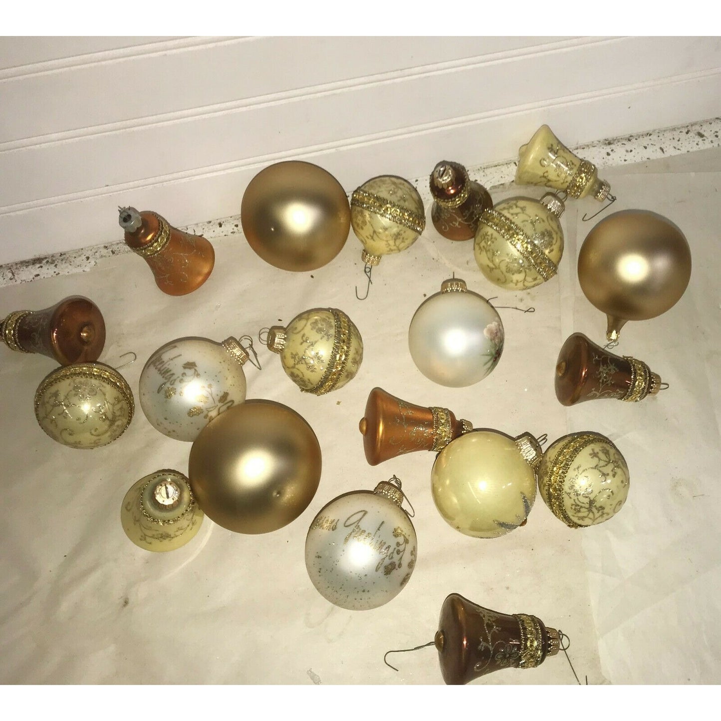 White & Gold CHRISTMAS ORNAMENTS Bell HANDPAINTED Holiday Decor