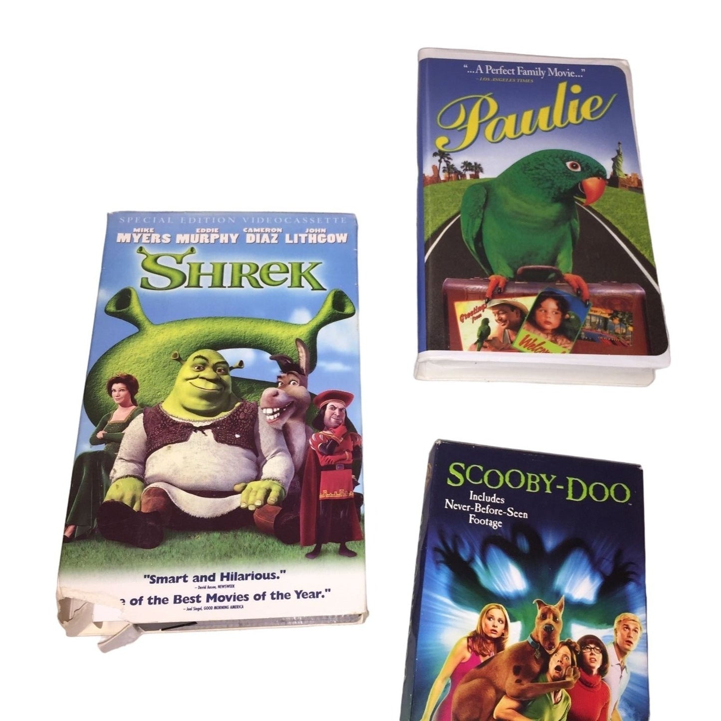 Set of 3 Vintage Kids VHS Tapes - Shrek, Paulie & Scooby-Doo